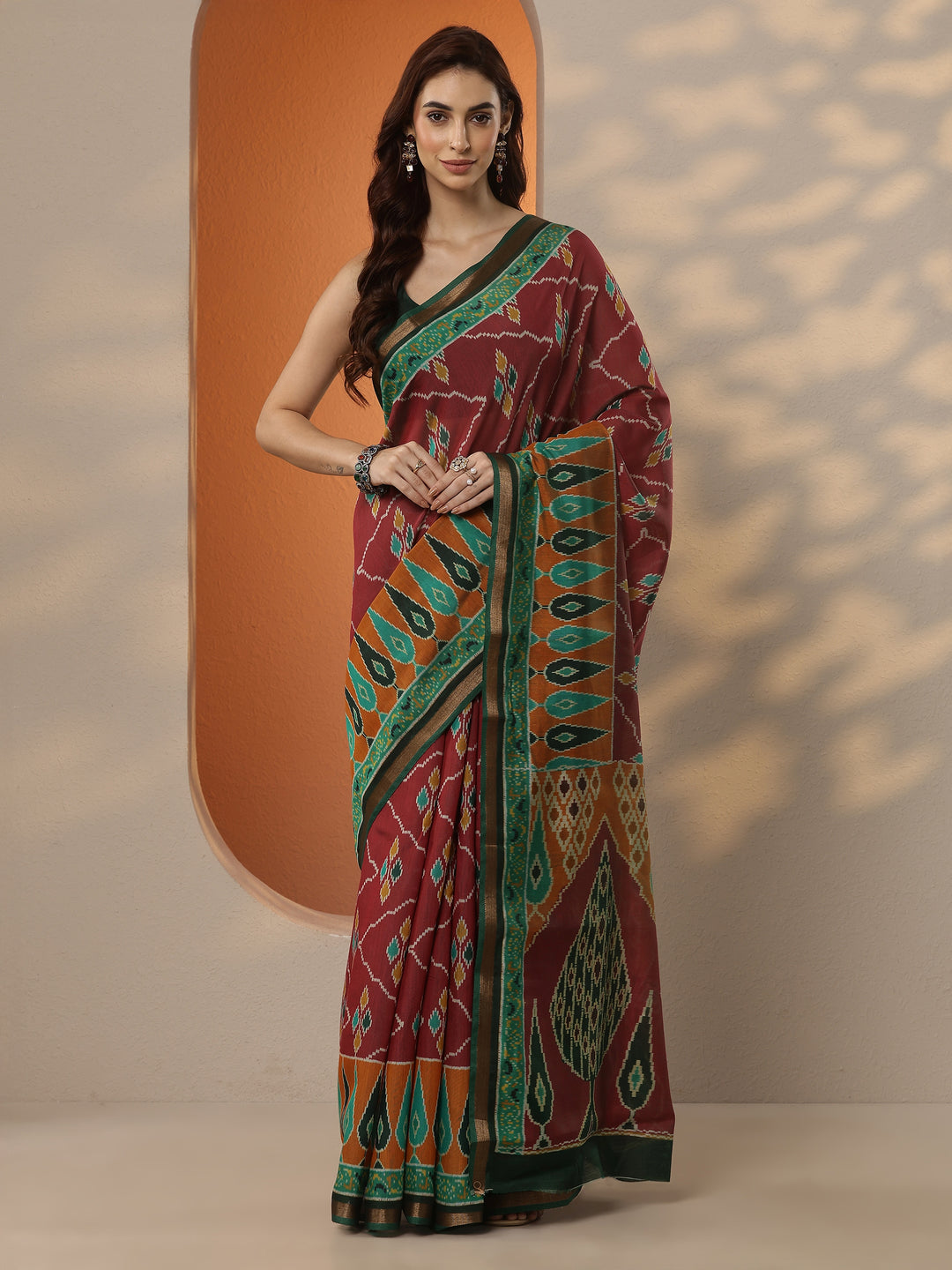  Pink Ikkat Printed Silk Blend Saree With Unstitched Blouse Piece 