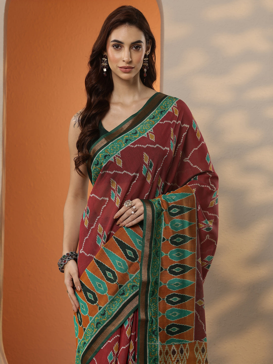  Pink Ikkat Printed Silk Blend Saree With Unstitched Blouse Piece 