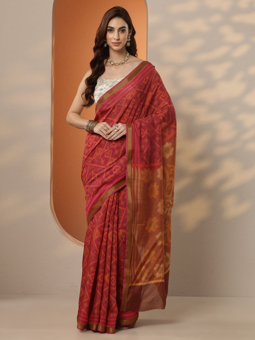  Pink Ikkat Printed Silk Blend Saree With Unstitched Blouse Piece 