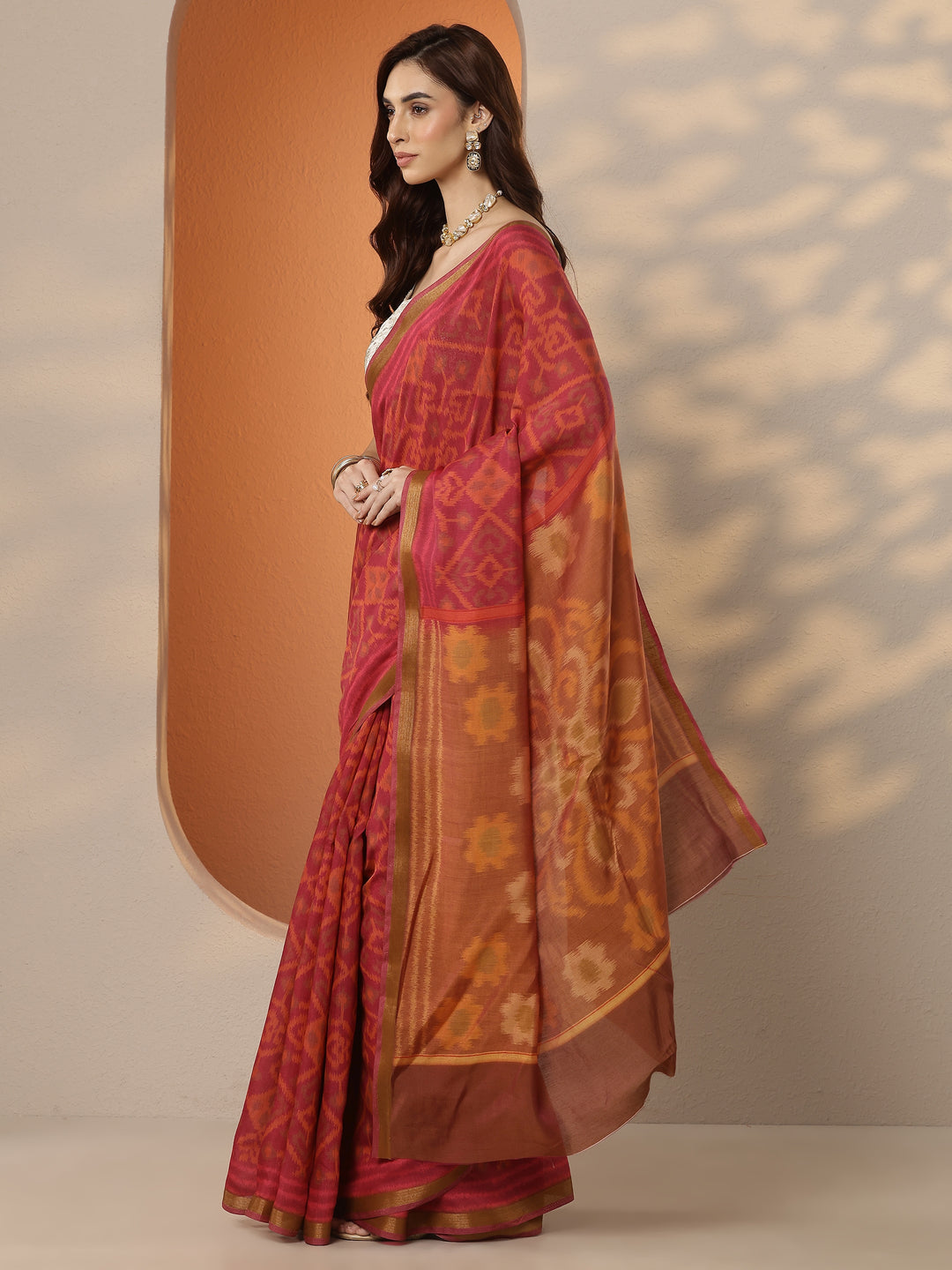  Pink Ikkat Printed Silk Blend Saree With Unstitched Blouse Piece 