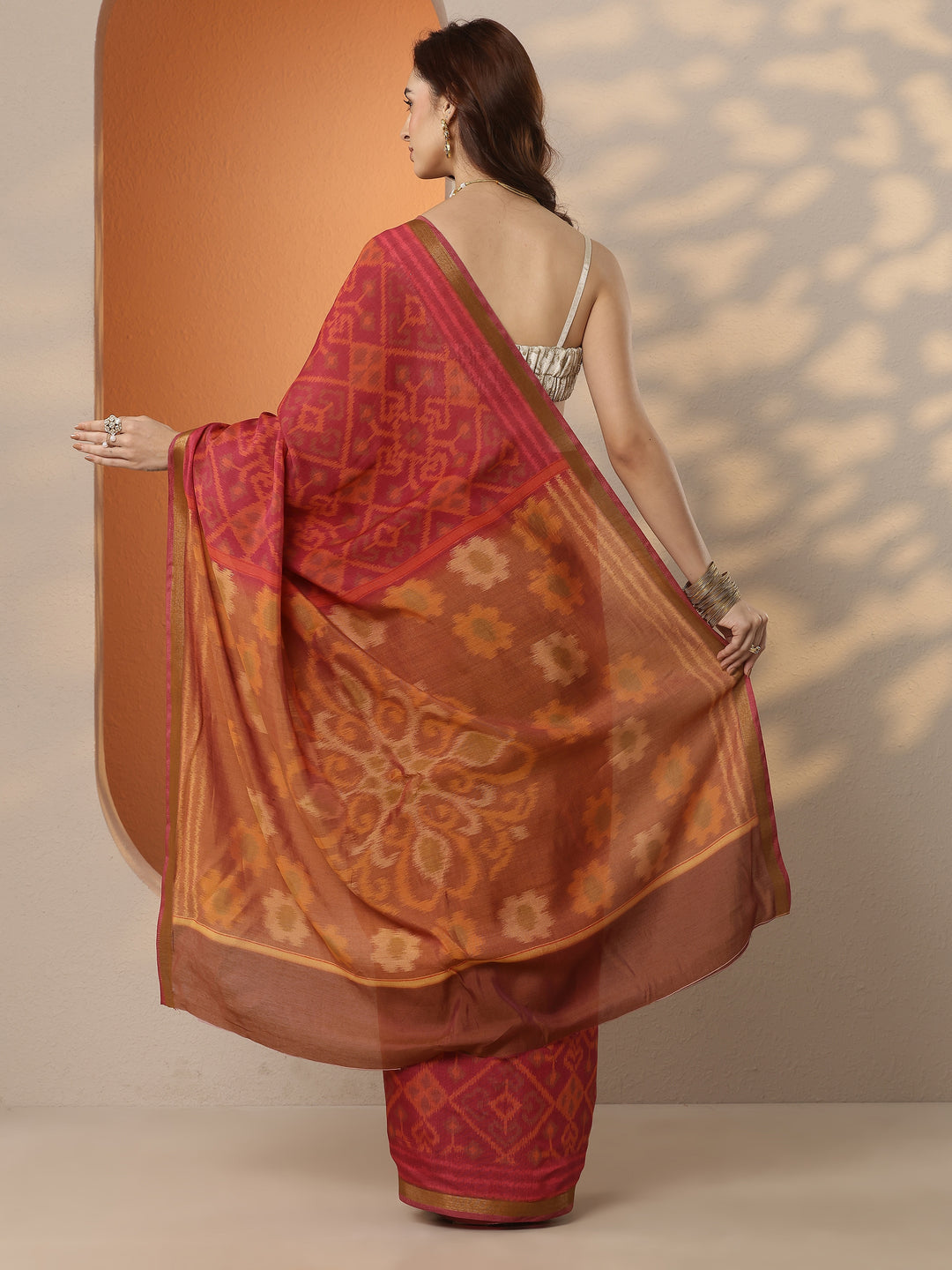  Pink Ikkat Printed Silk Blend Saree With Unstitched Blouse Piece 