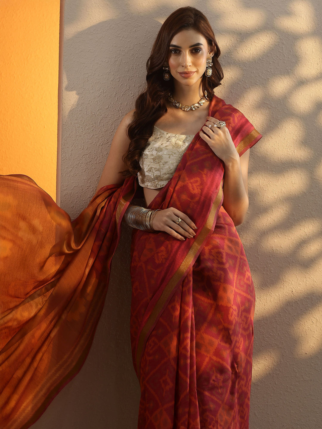  Pink Ikkat Printed Silk Blend Saree With Unstitched Blouse Piece 