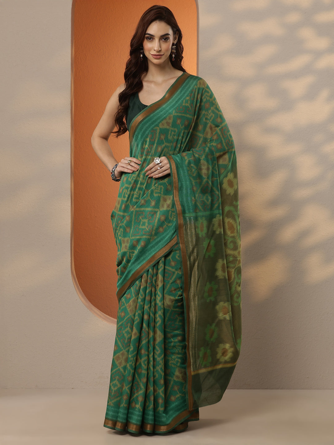  Green Ikkat Printed Silk Blend Saree With Unstitched Blouse Piece 