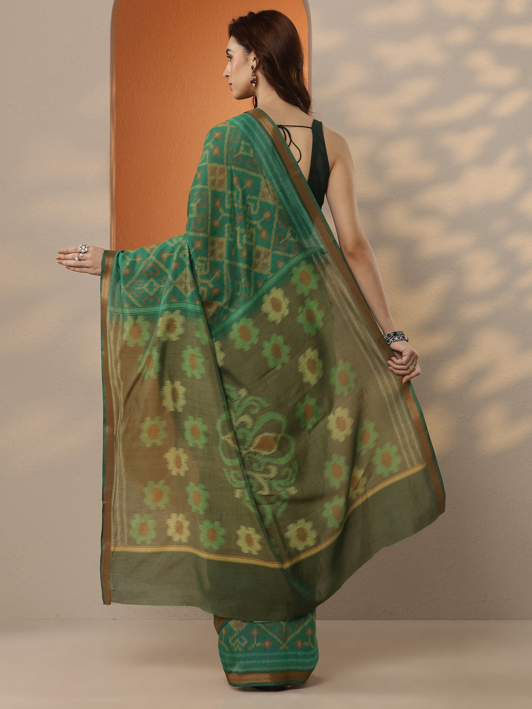  Green Ikkat Printed Silk Blend Saree With Unstitched Blouse Piece 