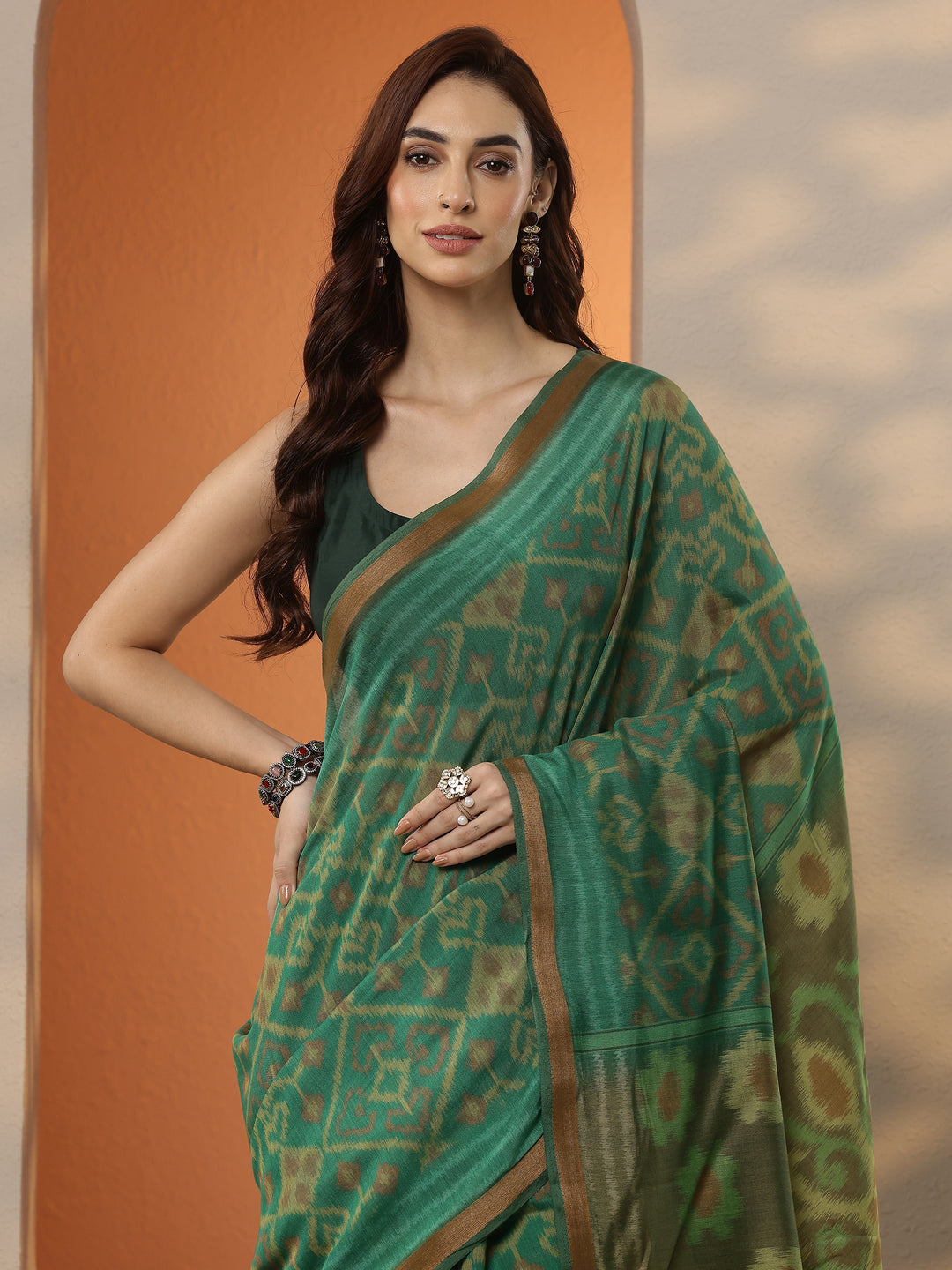  Green Ikkat Printed Silk Blend Saree With Unstitched Blouse Piece 