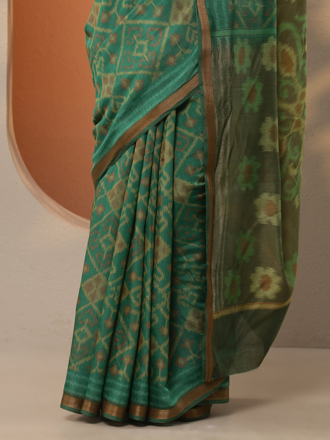  Green Ikkat Printed Silk Blend Saree With Unstitched Blouse Piece 