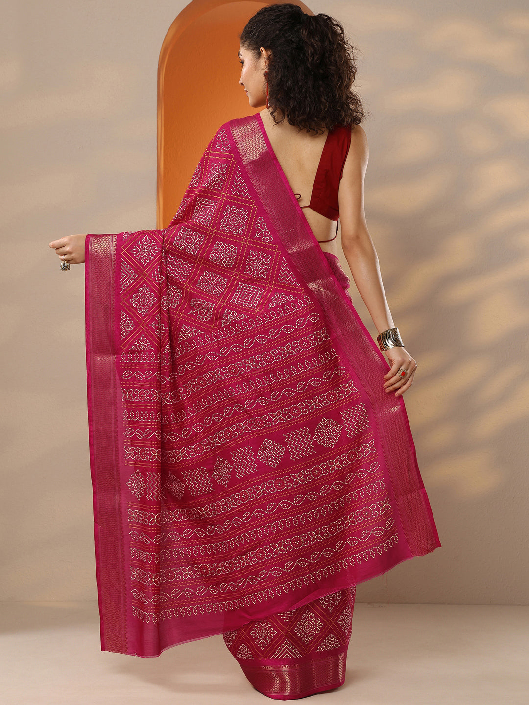  Red Bandhani Printed Silk Blend Saree With Unstitched Blouse Piece 