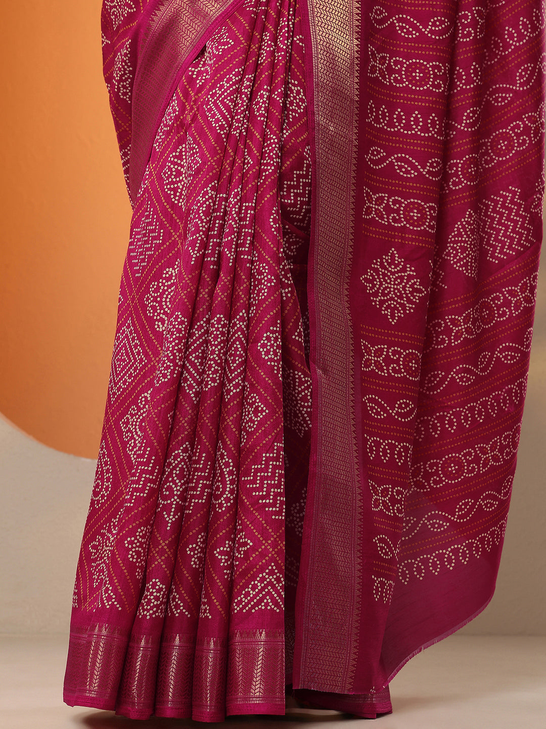  Red Bandhani Printed Silk Blend Saree With Unstitched Blouse Piece 