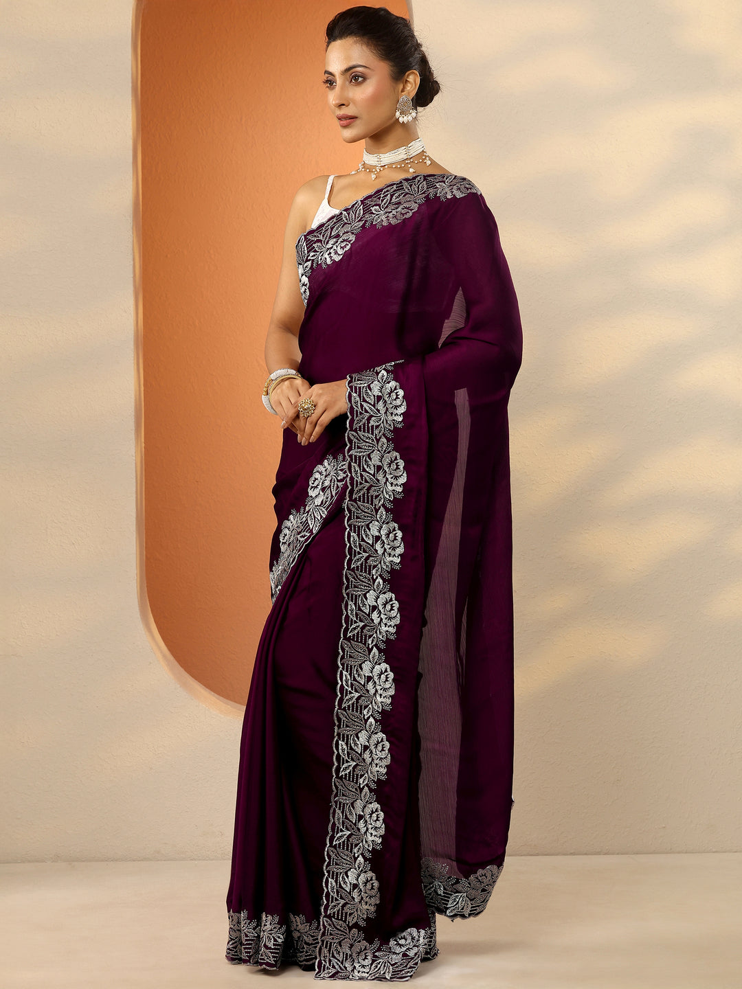  Burgundy Embroidered Pure Chiffon Saree With Unstitched Blouse Piece 