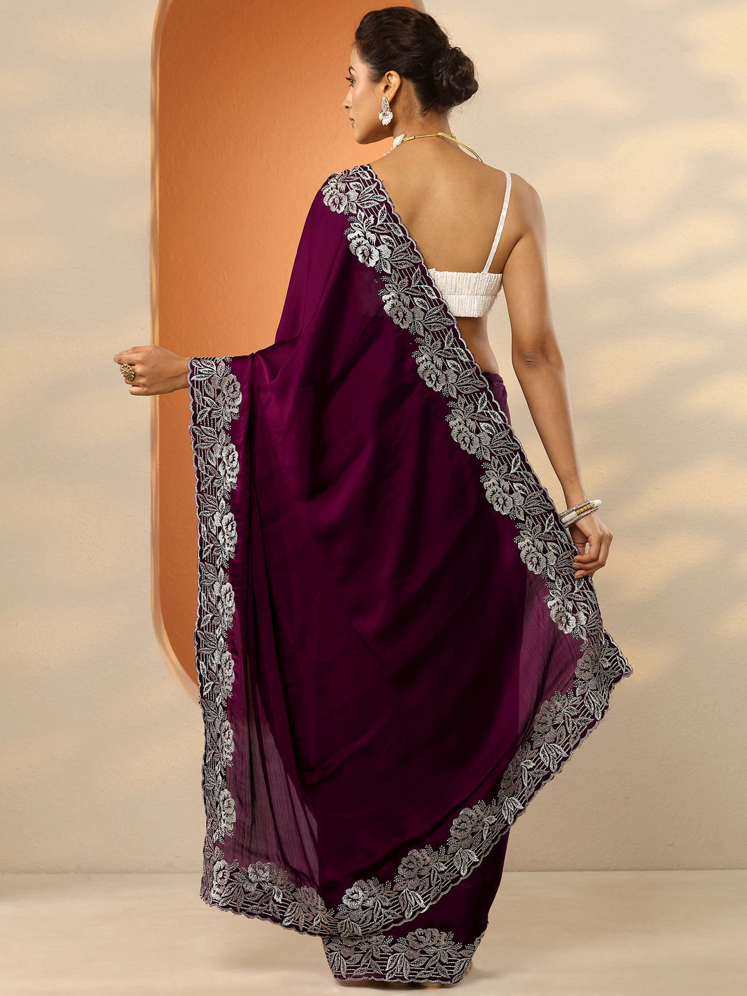  Burgundy Embroidered Pure Chiffon Saree With Unstitched Blouse Piece 