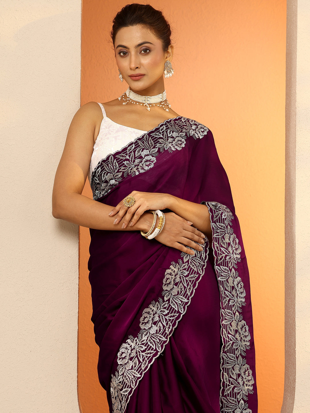 Burgundy Embroidered Pure Chiffon Saree With Unstitched Blouse Piece
