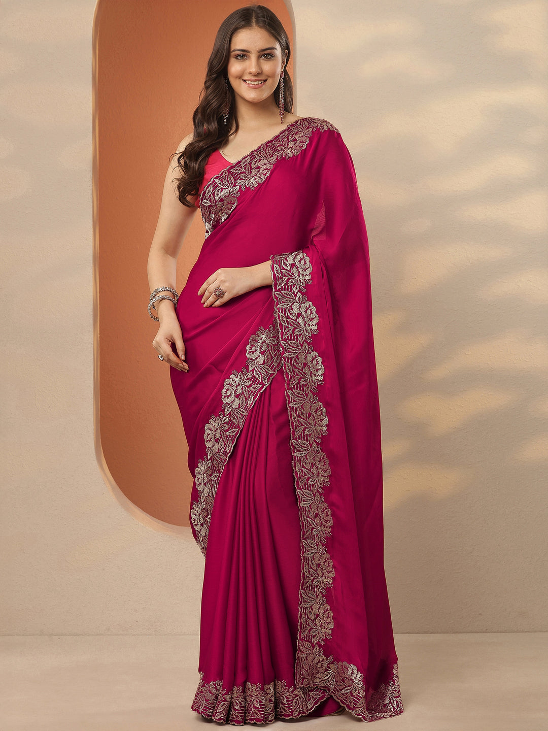  Pink Embroidered Pure Chiffon Saree With Unstitched Blouse Piece 