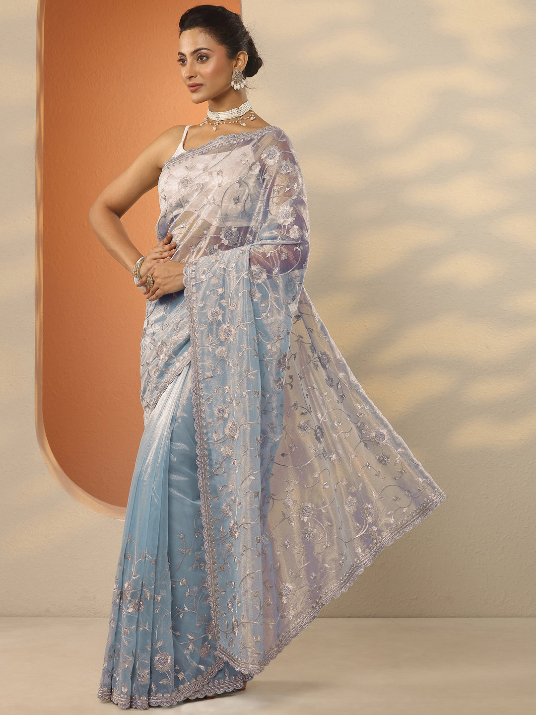  Blue Embroidered Nylon Saree With Unstitched Blouse Piece 