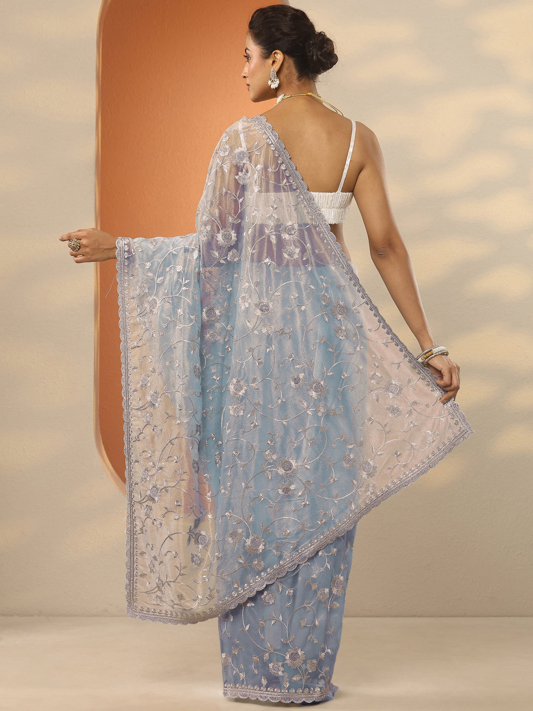  Blue Embroidered Nylon Saree With Unstitched Blouse Piece 