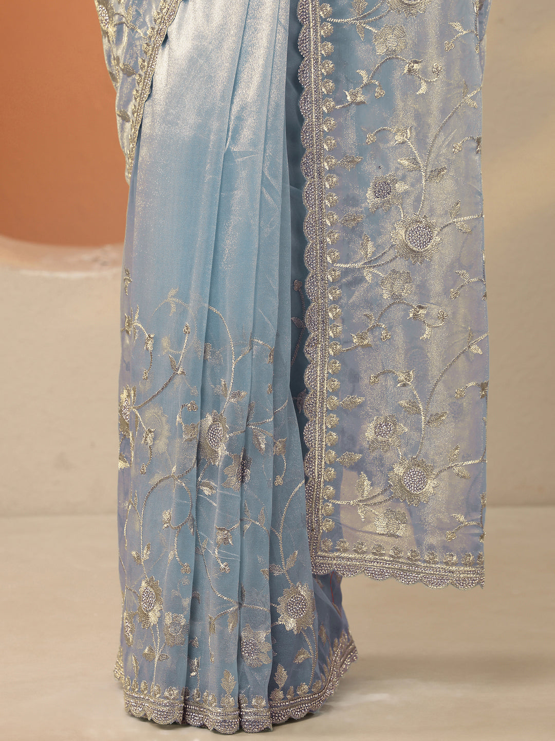  Blue Embroidered Nylon Saree With Unstitched Blouse Piece 