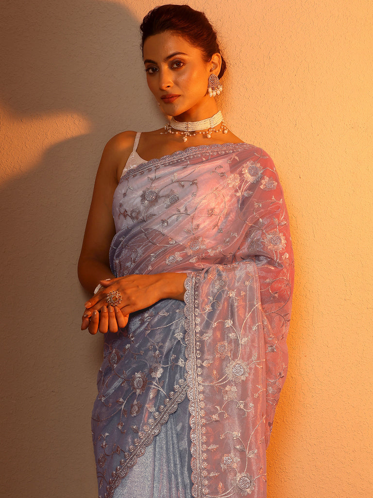 Libas Blue Embroidered Nylon Saree With Unstitched Blouse Piece