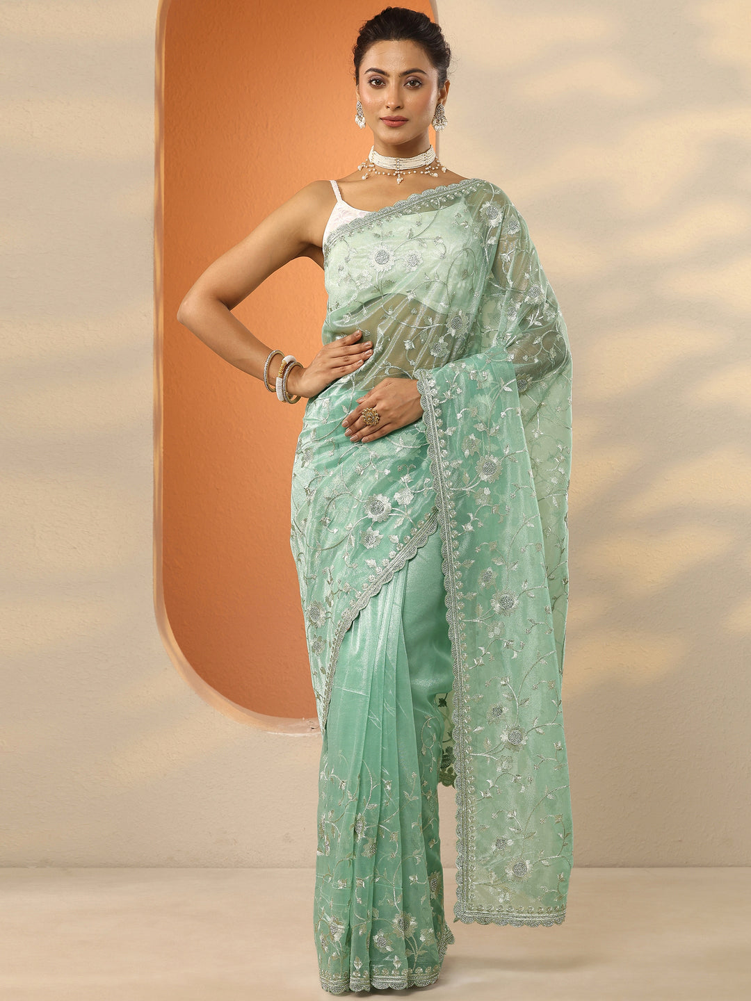  Green Embroidered Nylon Saree With Unstitched Blouse Piece 