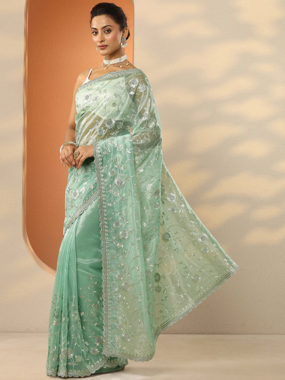  Green Embroidered Nylon Saree With Unstitched Blouse Piece 