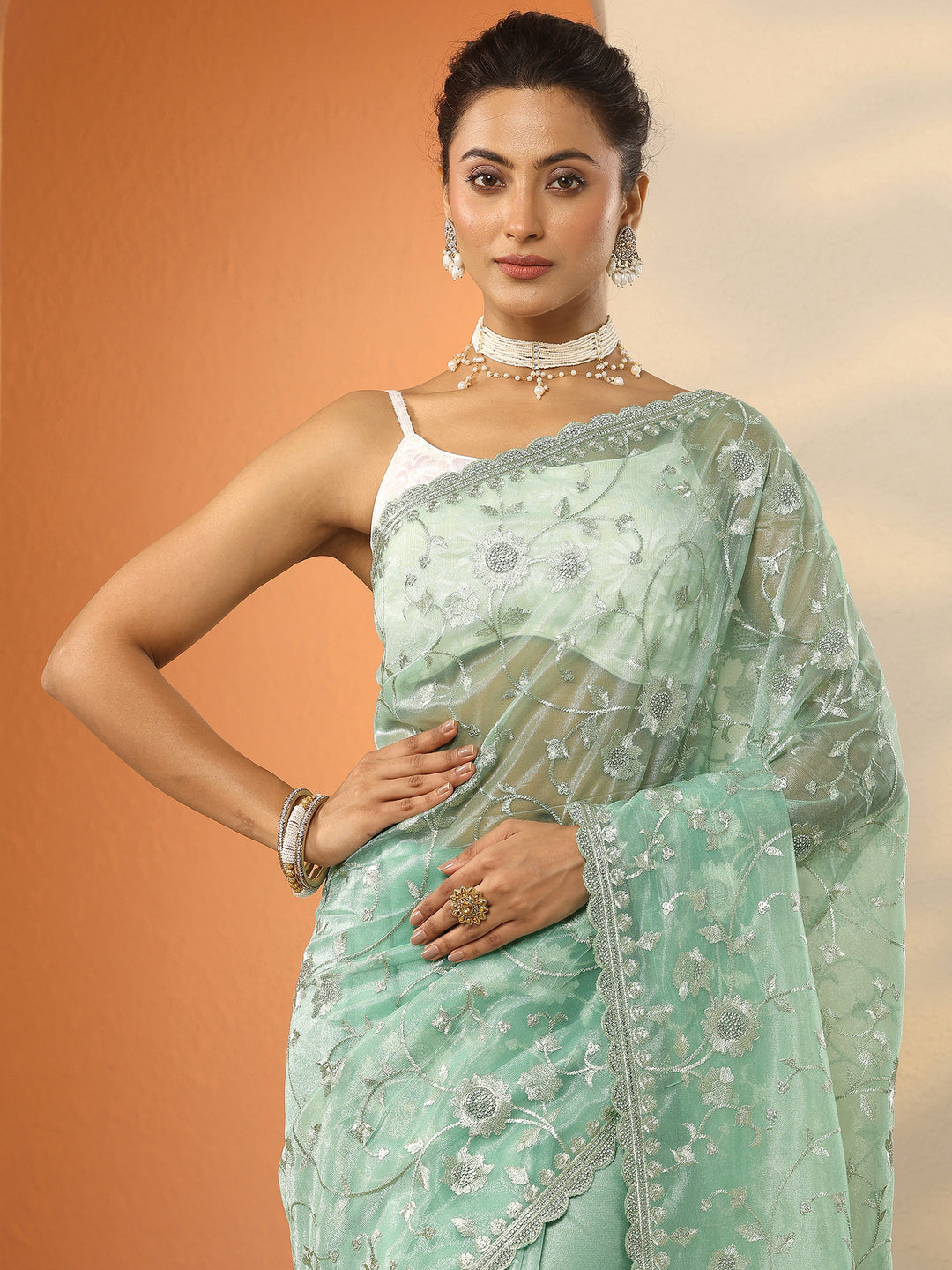  Green Embroidered Nylon Saree With Unstitched Blouse Piece 
