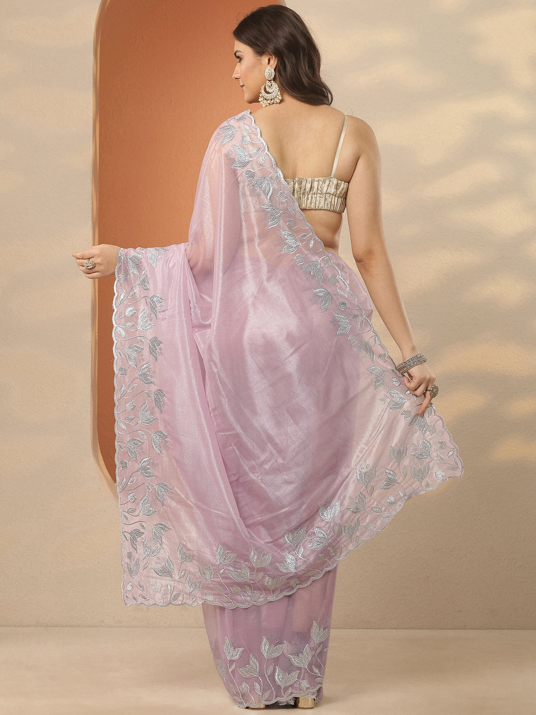  Lavender Embellished Nylon Saree With Unstitched Blouse Piece 