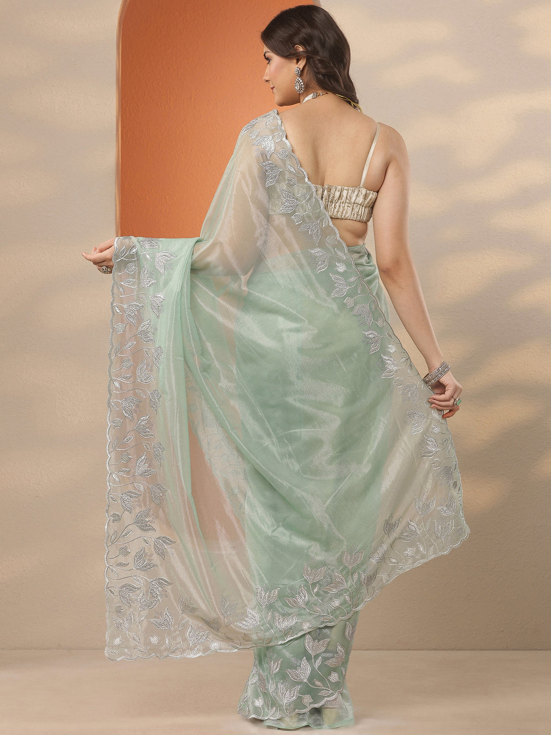  Green Embellished Nylon Saree With Unstitched Blouse Piece 