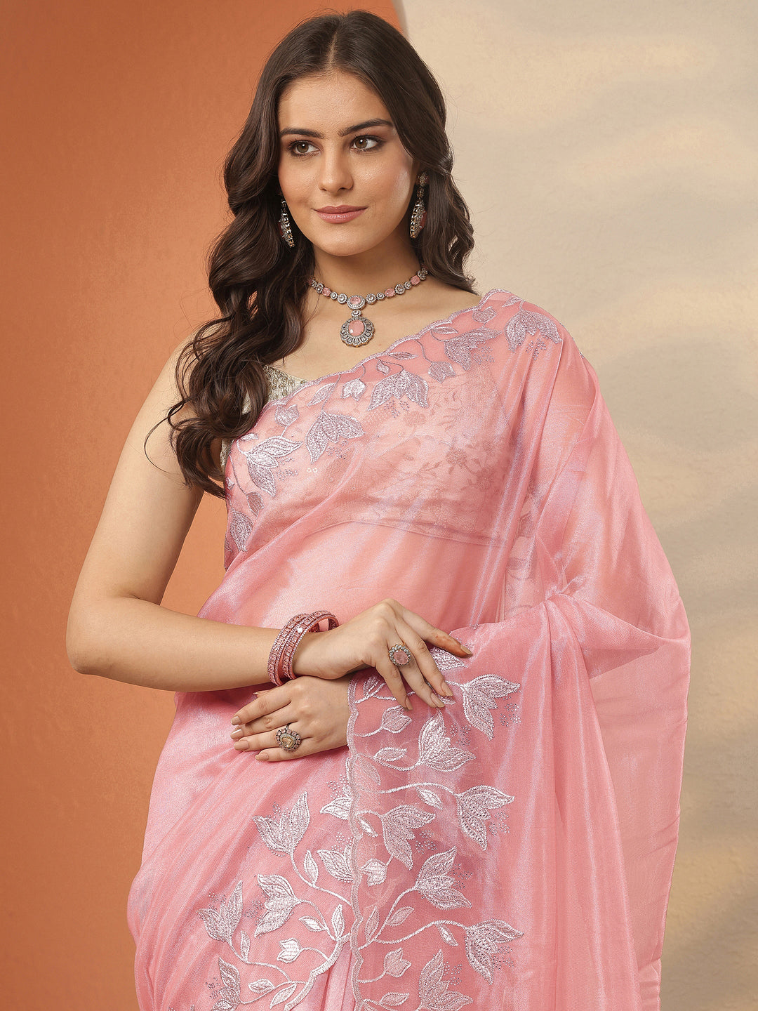  Pink Embellished Nylon Saree With Unstitched Blouse Piece 