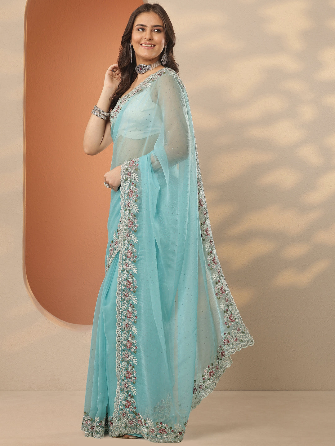  Blue Embroidered Pure Chiffon Saree With Unstitched Blouse Piece 