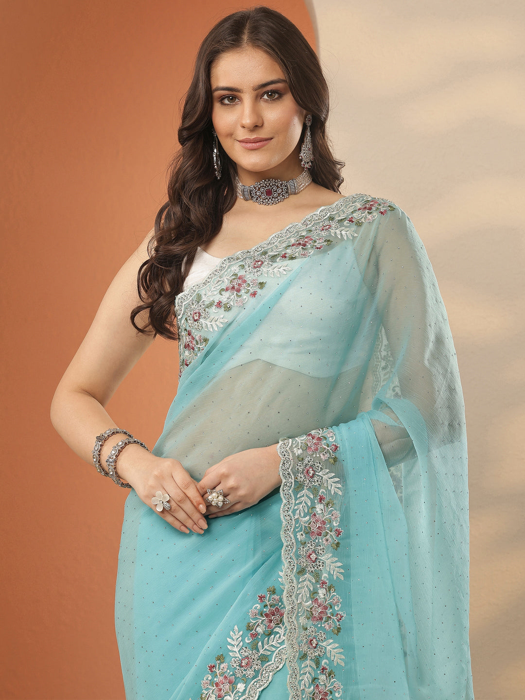 Blue Embroidered Pure Chiffon Saree With Unstitched Blouse Piece 