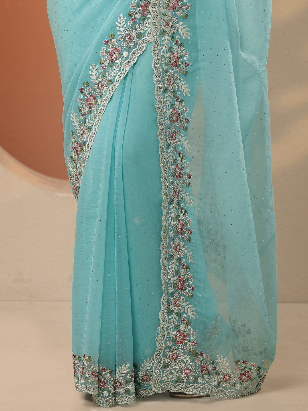  Blue Embroidered Pure Chiffon Saree With Unstitched Blouse Piece 
