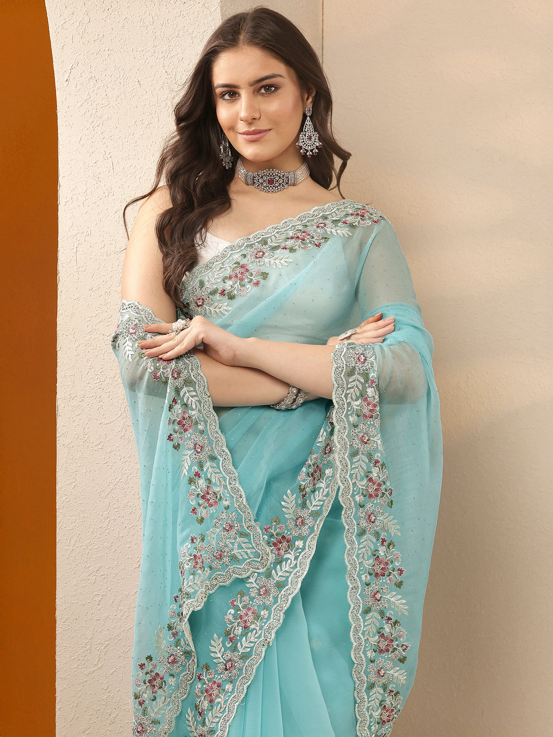  Blue Embroidered Pure Chiffon Saree With Unstitched Blouse Piece 