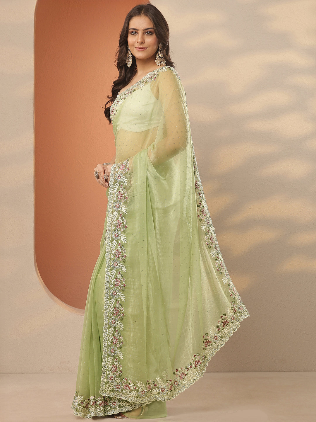  Green Embroidered Pure Chiffon Saree With Unstitched Blouse Piece 