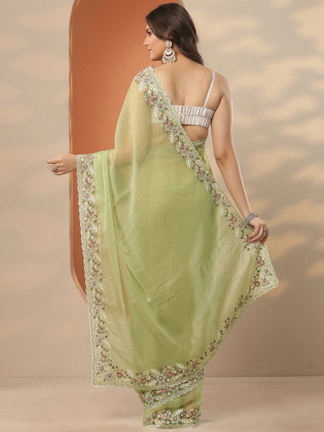  Green Embroidered Pure Chiffon Saree With Unstitched Blouse Piece 
