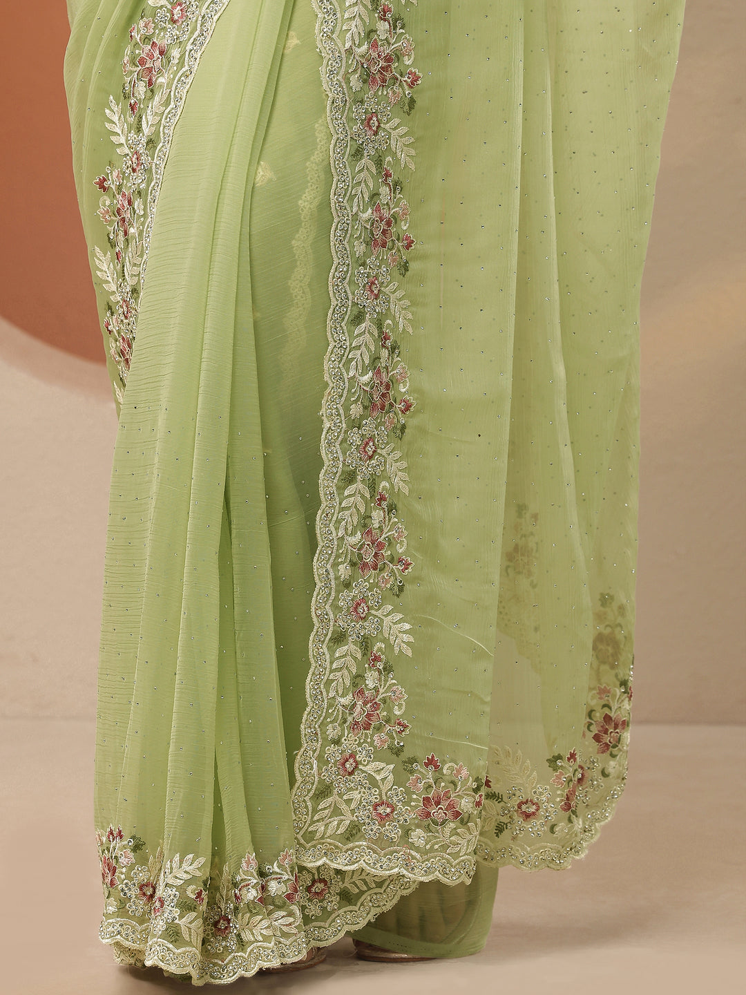  Green Embroidered Pure Chiffon Saree With Unstitched Blouse Piece 