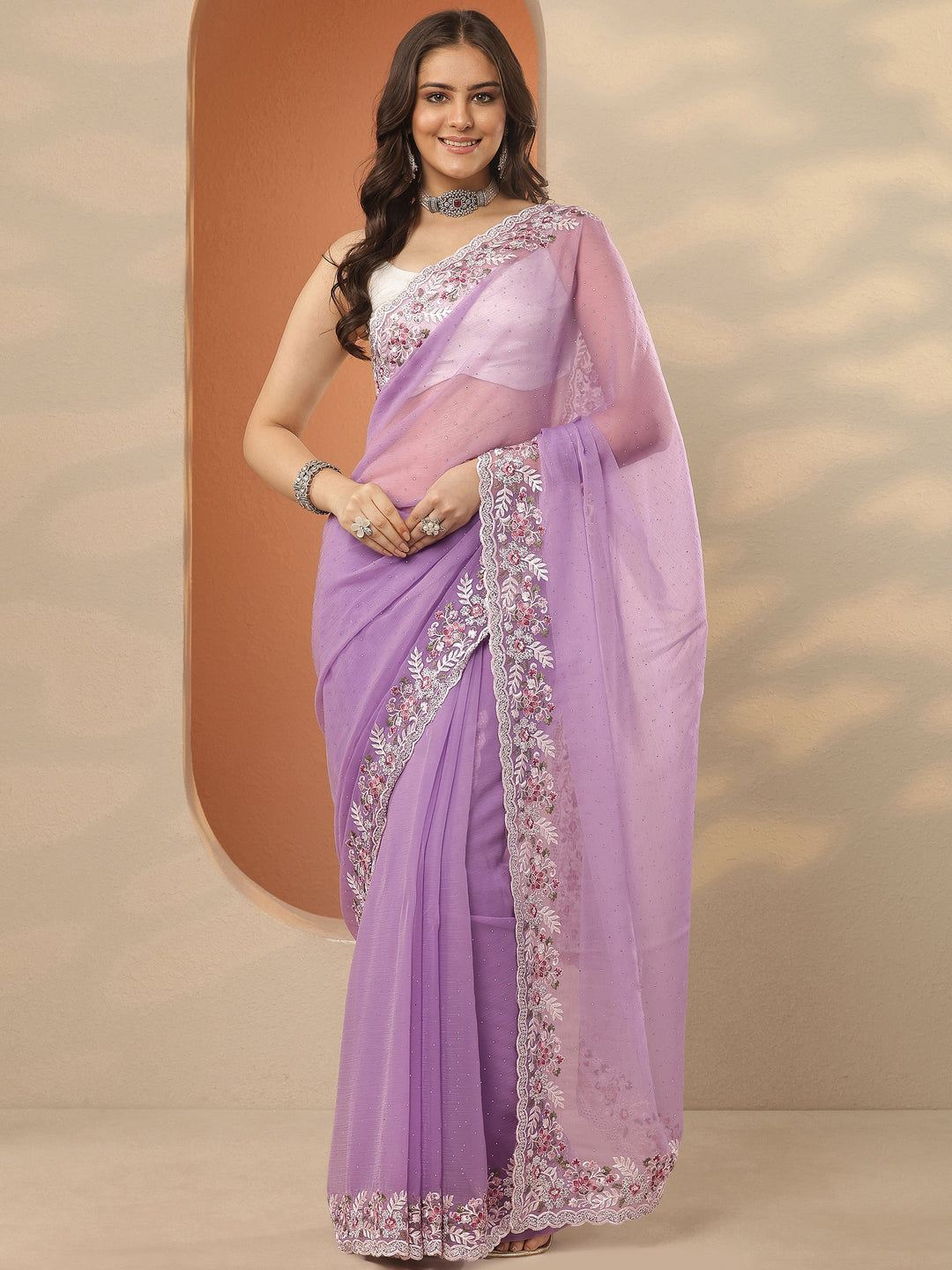  Lavender Embroidered Pure Chiffon Saree With Unstitched Blouse Piece 