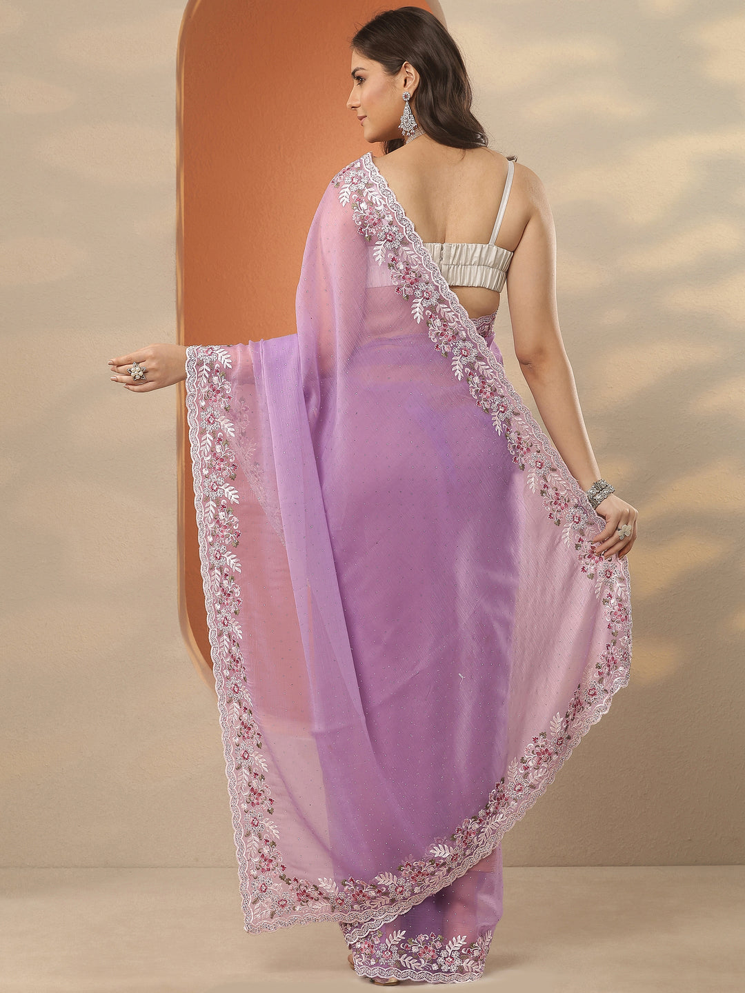  Lavender Embroidered Pure Chiffon Saree With Unstitched Blouse Piece 