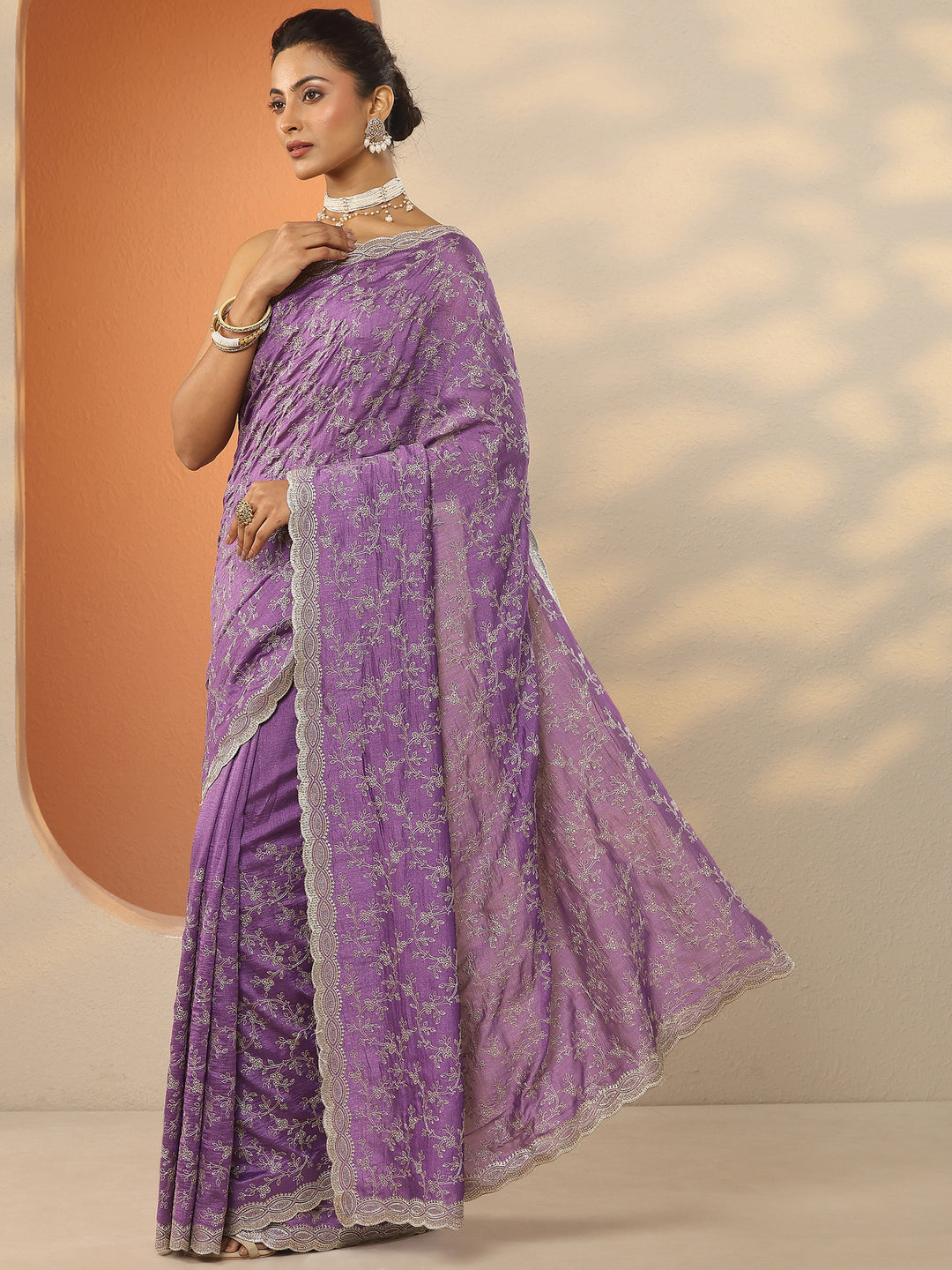  Purple Embroidered Silk Blend Saree With Unstitched Blouse Piece 