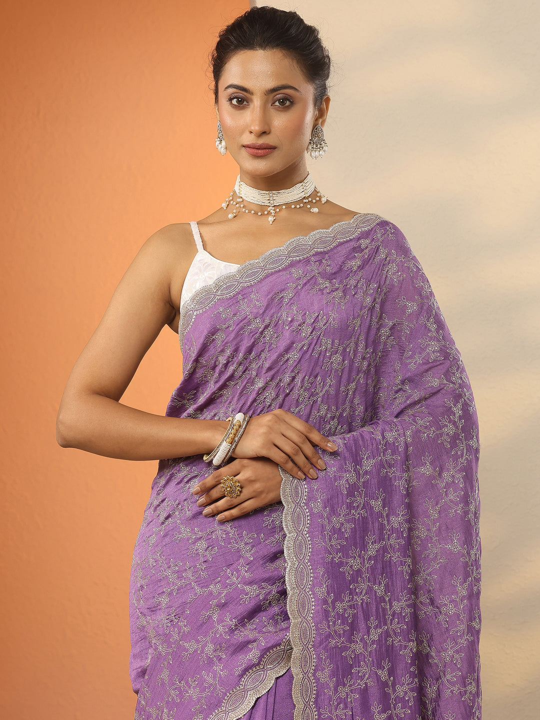  Purple Embroidered Silk Blend Saree With Unstitched Blouse Piece 