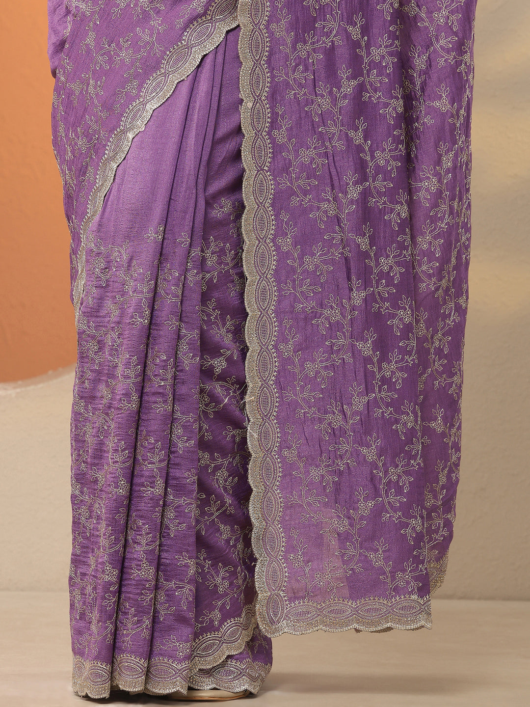  Purple Embroidered Silk Blend Saree With Unstitched Blouse Piece 