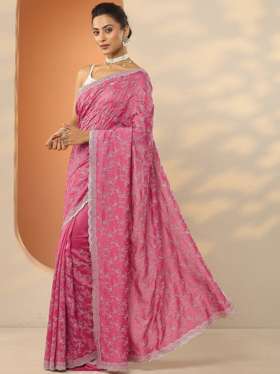  Coral Embroidered Silk Blend Saree With Unstitched Blouse Piece 