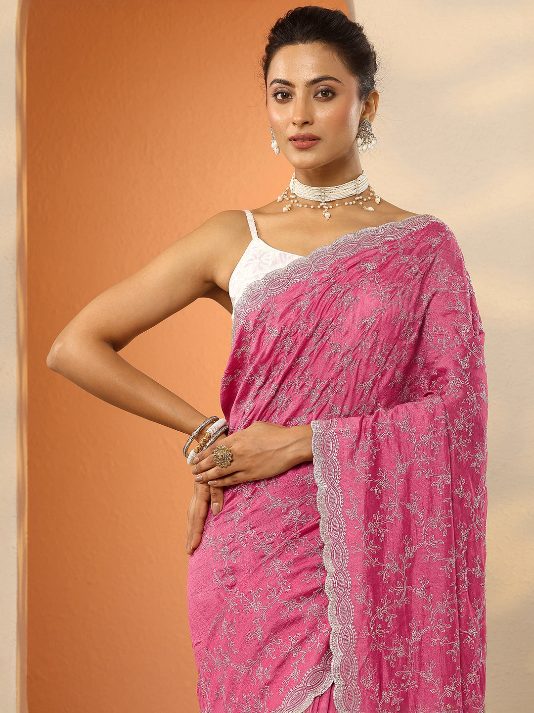  Coral Embroidered Silk Blend Saree With Unstitched Blouse Piece 