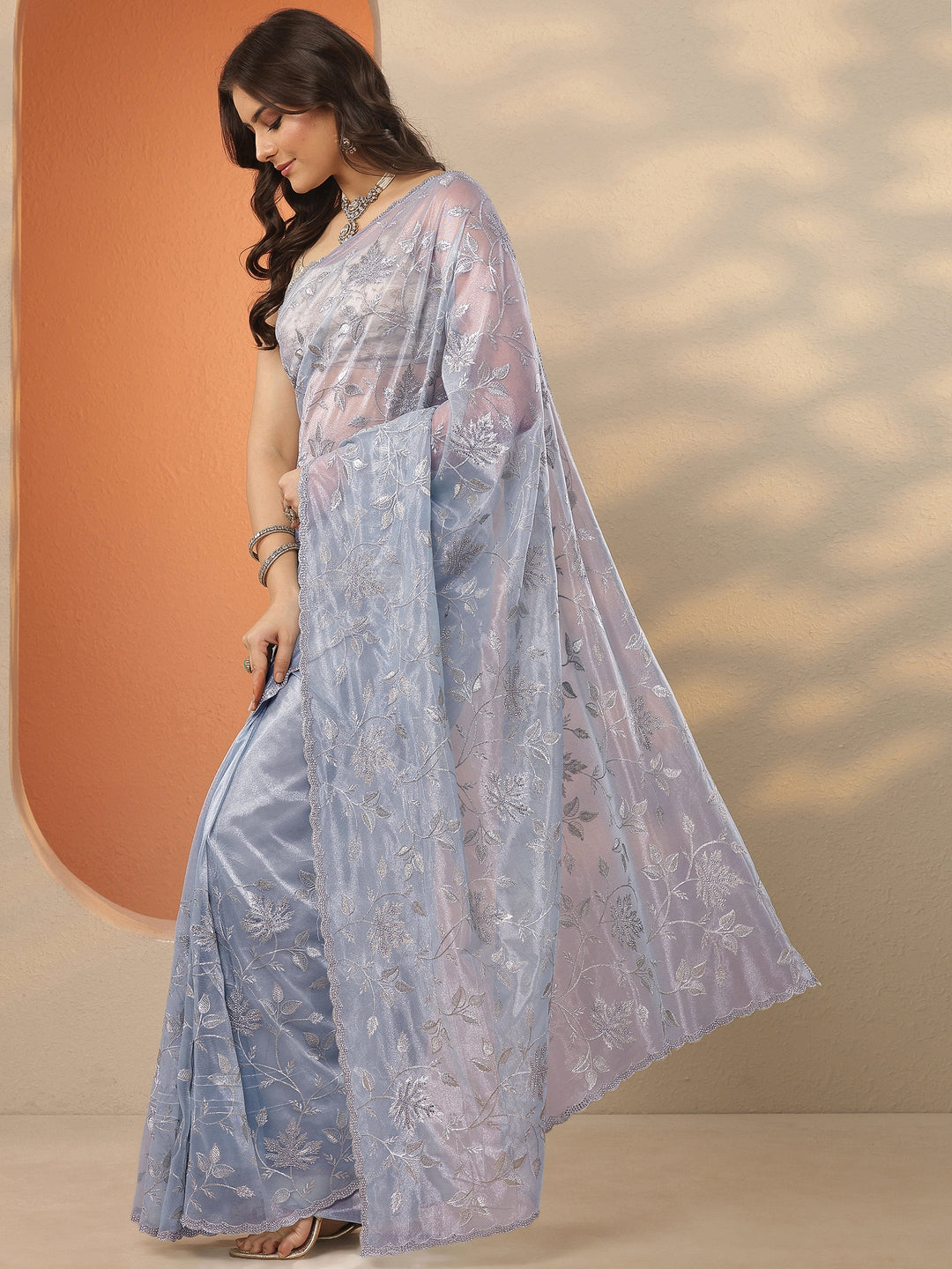  Blue Embroidered Nylon Saree With Unstitched Blouse Piece 