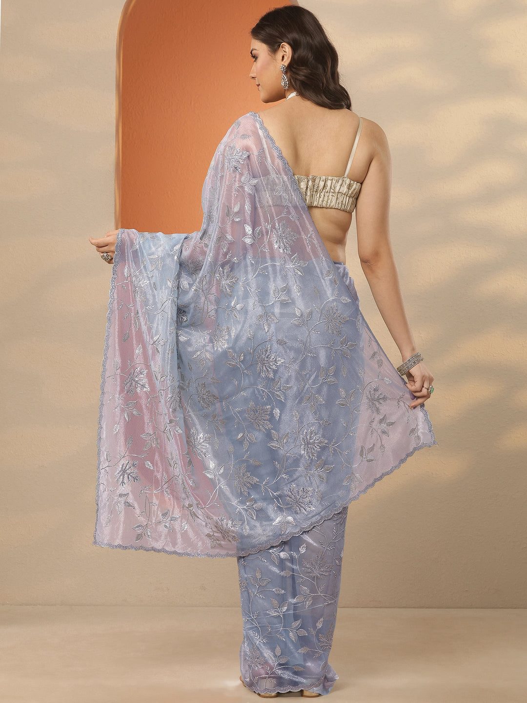 Blue Embroidered Nylon Saree With Unstitched Blouse Piece 