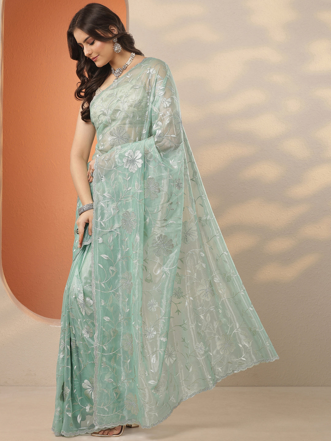  Green Embroidered Nylon Saree With Unstitched Blouse Piece 