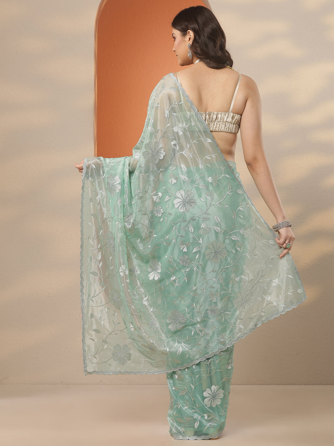  Green Embroidered Nylon Saree With Unstitched Blouse Piece 
