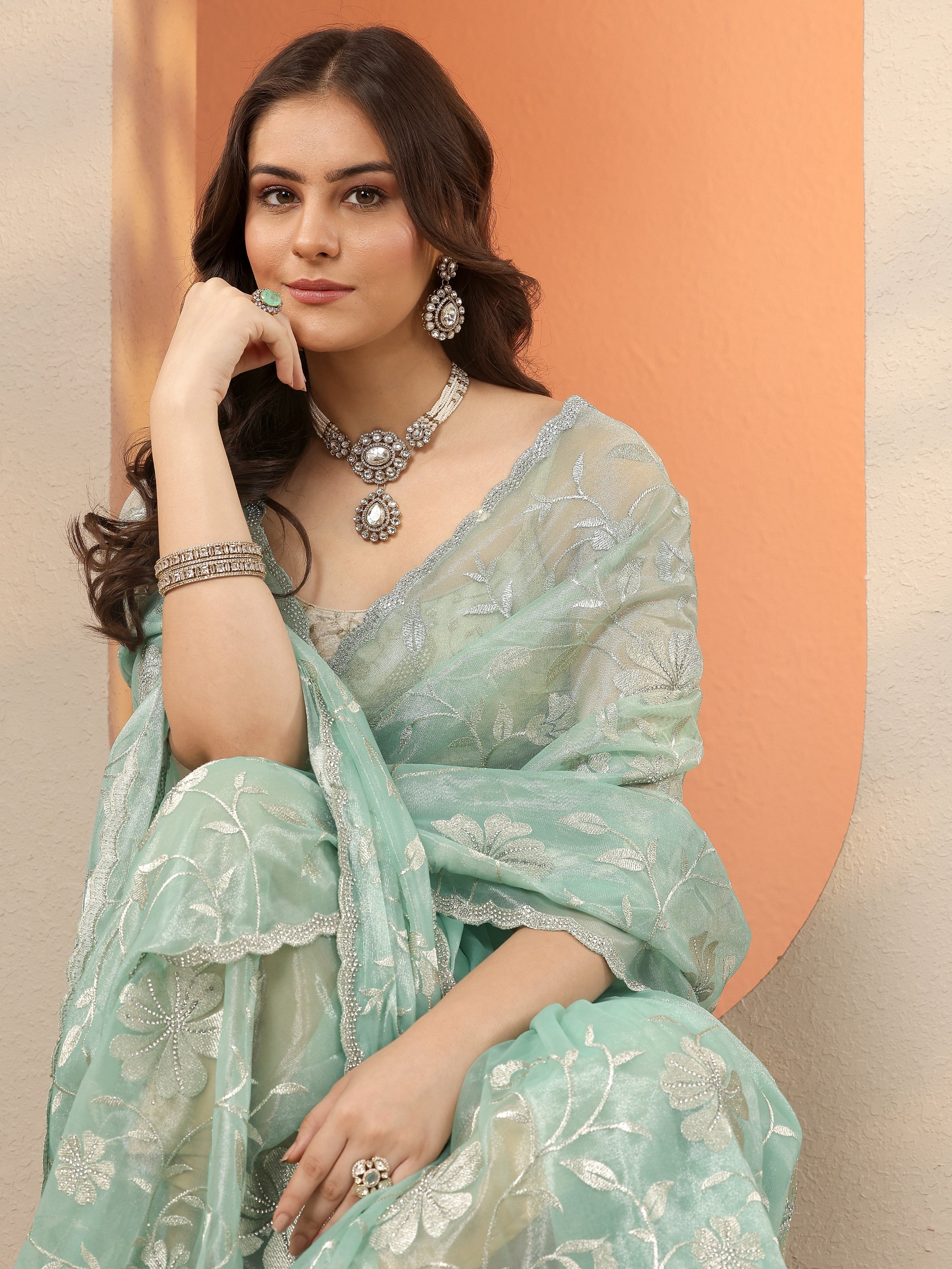 libas Green Embroidered Nylon Saree With Unstitched Blouse Piece-picture-52