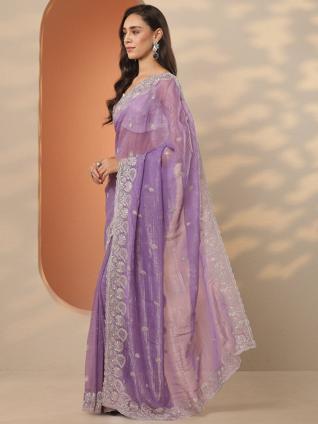  Lavender Embroidered Organza Saree With Unstitched Blouse Piece 