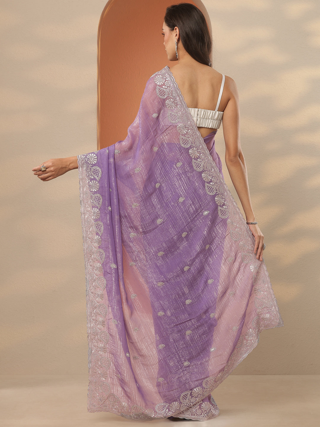  Lavender Embroidered Organza Saree With Unstitched Blouse Piece 