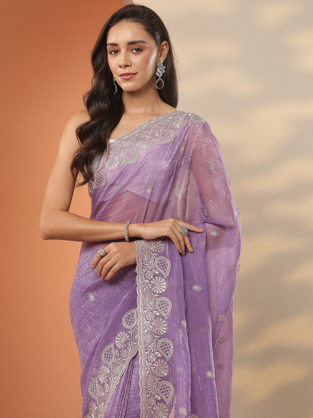  Lavender Embroidered Organza Saree With Unstitched Blouse Piece 
