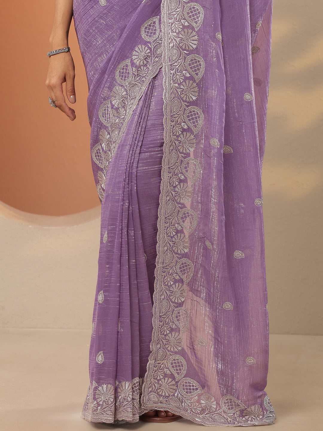  Lavender Embroidered Organza Saree With Unstitched Blouse Piece 