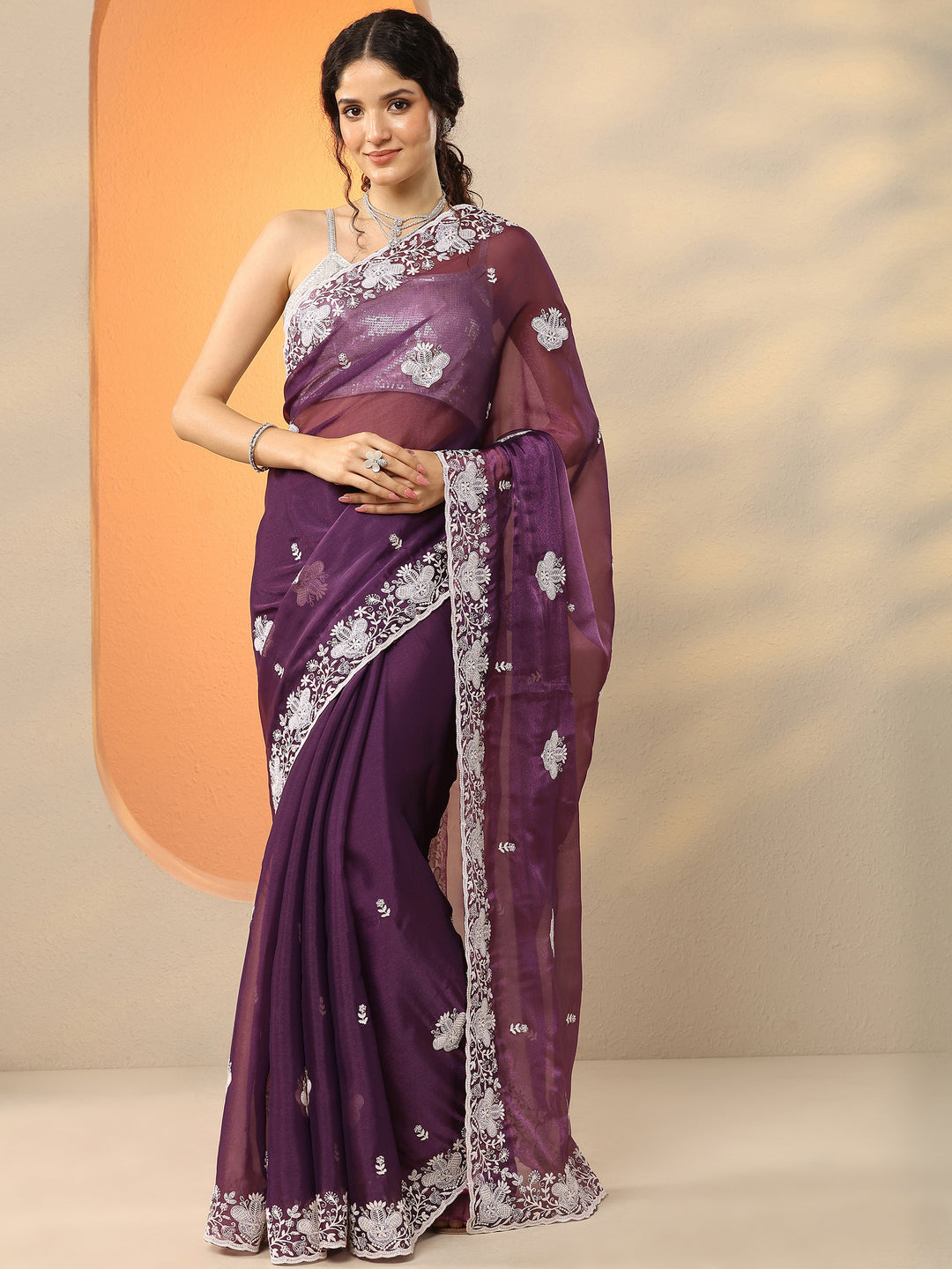  Burgundy Embroidered Organza Saree With Unstitched Blouse Piece 